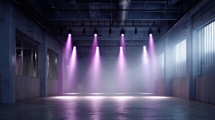 Wideangle view of an empty dark stage illuminated by vibrant purple spotlights casting dramatic beams through hazy air, creating an atmospheric and energetic setting with ample copy space