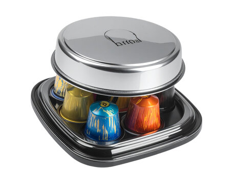  Stylish Coffee Capsule Storage Jar with Silver Cover transparent background.