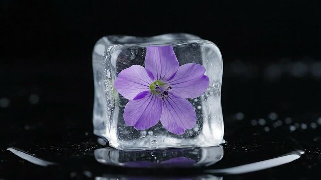 Vibrant Purple Flower Frozen Inside a Clear Ice Cube on a Black Reflective Surface