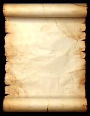 A vertical parchment scroll with aged, rough edges against a stark black backdrop, showing its textures