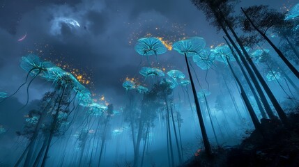 A bioluminescent forest glows under a twin-moon sky, where translucent creatures drift through the mist like living constellations. 