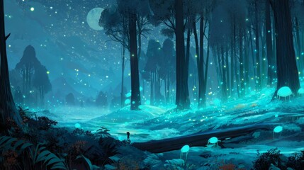 A bioluminescent forest glows under a twin-moon sky, where translucent creatures drift through the mist like living constellations. 