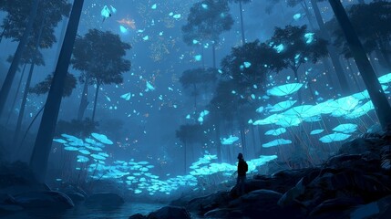 A bioluminescent forest glows under a twin-moon sky, where translucent creatures drift through the mist like living constellations. 