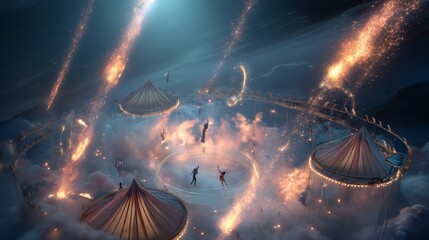 A celestial circus performs in orbit, with stardust acrobats twirling through rings of fire while comets roar past glowing tents.
