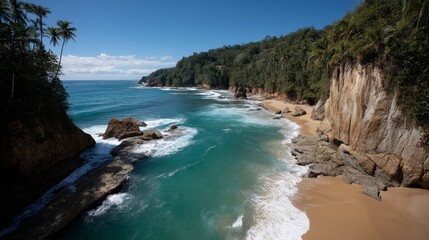 Pristine tropical coastal landscape with golden sands, lush dense foliage, emerald waves, and rugged cliffs under a clear blue sky, perfect for relaxation and nature photography