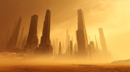 A city sculpted from stardust and sand glows softly beneath an amber sky, its towers dissolving and reforming with each passing breeze.