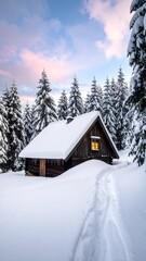 Naklejka premium Wooden cabin nestled in a snow-covered forest, light in window
