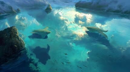 A crystal-clear lake reflects an endless sky, while massive, translucent creatures glide beneath the surface, casting ripples of liquid light. 