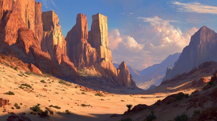 A desert valley where the sand sparkles like diamonds, and towering rock formations cast long shadows under the radiant glow of a setting sun. 