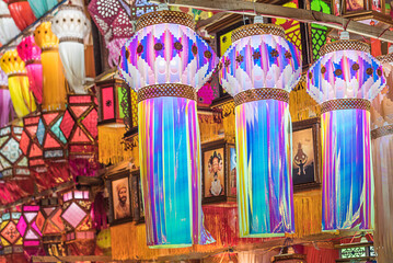Fototapeta premium Colorful traditional and modern Lanterns, Akash kandil, decorative lamps, on the occasion of Diwali festival in Pune, India.