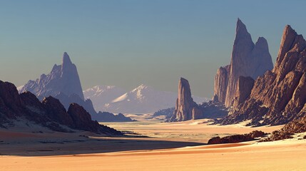 A desert valley where the sand sparkles like diamonds, and towering rock formations cast long shadows under the radiant glow of a setting sun. 