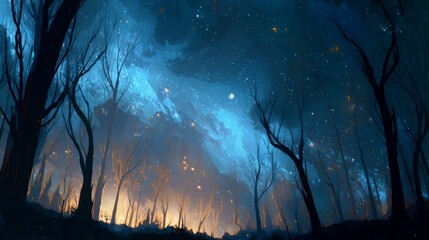 A forest under a darkened sky where twisted trees glow with faint light, and the stars above flicker like distant fireflies in the vast, empty cosmos. 
