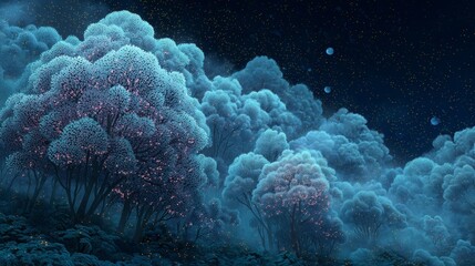 A forest of silver-leaved trees blooms only under full moons, releasing clouds of bioluminescent pollen that paint the night in soft neon. 