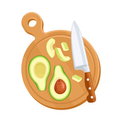 Slicing fresh avocado with knife on wooden cutting board. Vector cartoon flat illustration.