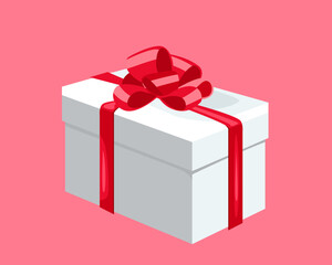 White gift box with red bow isolated on pink background. Vector cartoon flat illustration. Present icon.