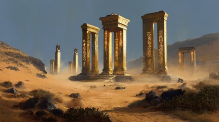 A forgotten temple emerges from desert sands, its golden pillars etched with glowing runes that whisper ancient secrets to the wind. 
