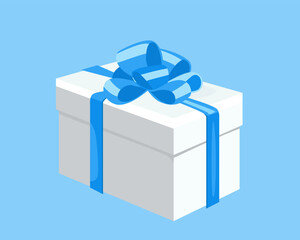 Gift box with blue bow isolated. Vector cartoon flat illustration.