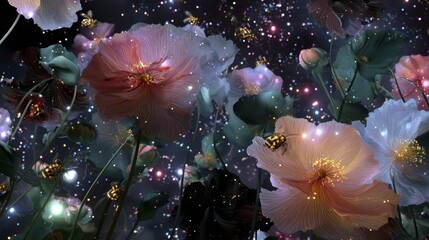 A garden blooms in the void of space, where flowers made of light and nebulae sway gently as celestial bees collect stardust pollen. 