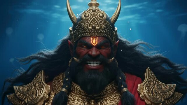 A fierce demon king with fiery eyes and ancient armor appears in close-up, radiating dark power, menace, and epic intensity.