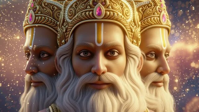 Four-faced Brahma stands with a glowing halo amid a celestial sunset, radiating divine wisdom, cosmic presence, and spiritual majesty.