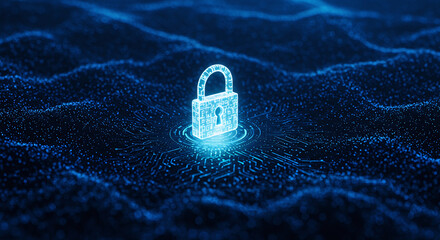 A 3D glowing padlock embedded within a wave of digital circuits, reflecting data security, encryption, and the strength of modern network protection technology.