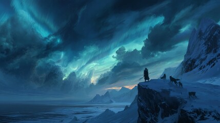 A lone warrior stands on a frozen cliff, overlooking a storm-lit fjord as spectral wolves howl beneath the northern lights. 