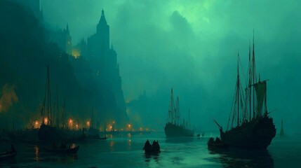 A luminous harbor emerges at twilight where dream-ships dock silently, their sails made of fog and their cargo filled with fragments of human imagination. 