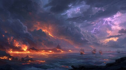 A sea of molten lava stretches to the horizon, where obsidian ships sail on fire-waves under storm clouds crackling with purple lightning. 