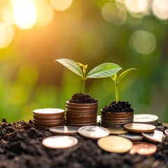 Young plants sprout from soil on coin stacks, bathed in sunlight