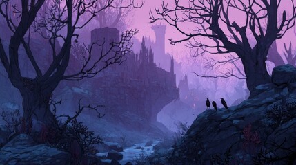 A silent kingdom hidden in perpetual twilight lies beneath blackened trees, where shadowy figures drift through violet fog and glowing ruins.