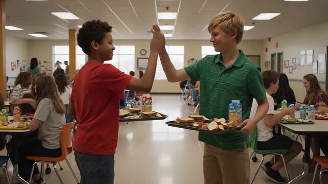 Students sharing lunch trays, high fiving while crowded school cafeteria buzzes with midday energy and socializing classmates