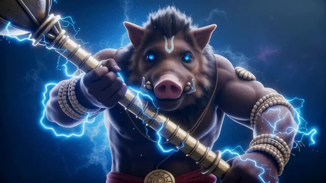A mythological boar avatar wields a mace crackling with thunder power, radiating divine strength, fury, and cosmic energy.