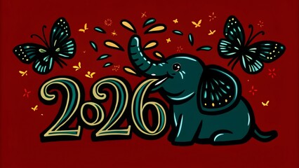 Fototapeta premium Cute cartoon elephant with butterflies and the year 2026 in a festive, celebratory design with splashes and sparkles, perfect for new years greetings and event invitations