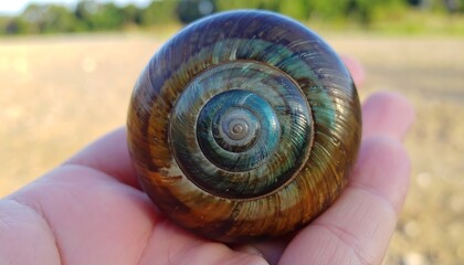 Close-up of a colorful snail shell held in a human hand