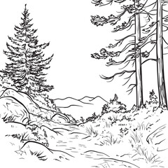 simple flat line art outline design of hiking trails with scenic views