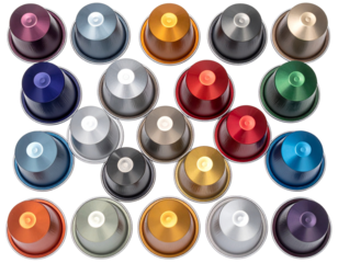 Assorted Coffee Pods Close-Up Top View transparent background.