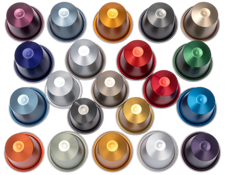 Assorted Coffee Pods Close-Up Top View transparent background.