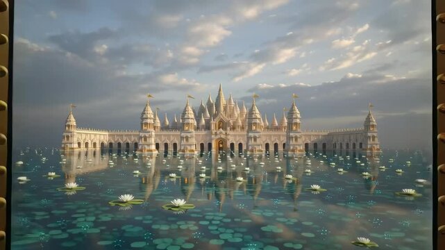 The golden gates of Vaikuntha open toward the divine celestial realm, radiating sacred grandeur, divine light, and epic majesty.