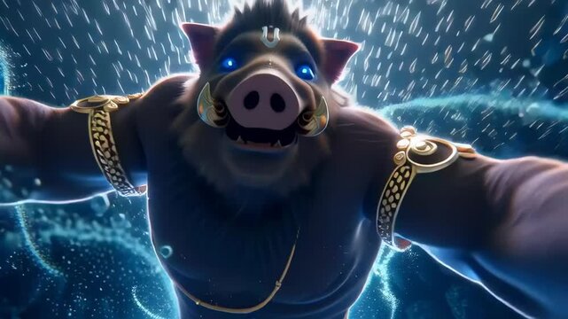 Varaha Avatar flies through the cosmic ocean carrying Earth, radiating divine strength, cosmic energy, and epic majesty.