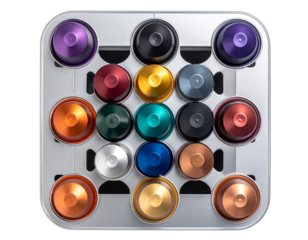  Contemporary Coffee Pod Holder with Neatly Arranged Capsules transparent background.