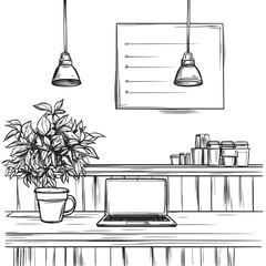 vector pencil outline illustration of laptop in a coffee shop with soft lighting