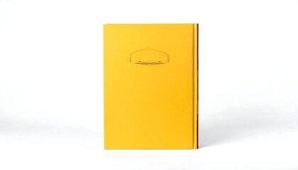 A vertical shot shows a closed, yellow, hardcover book against a white background