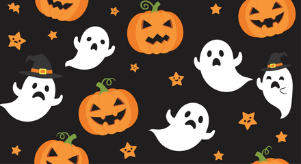 Cute ghosts and pumpkins in a spooky Halloween night pattern.