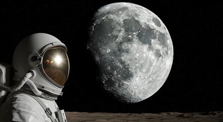 An astronaut on a moon mission, gazing at the detailed lunar surface and Earth's reflection