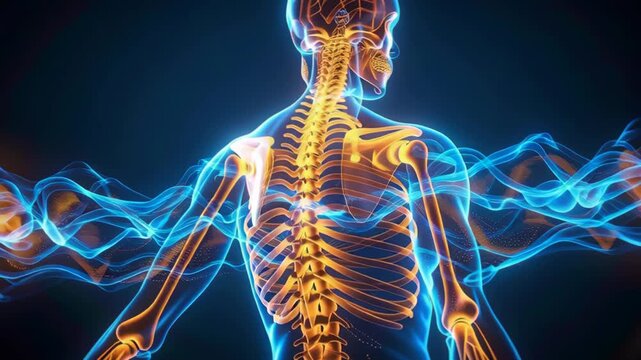 Glow of Human Anatomy with Highlighted Spine and Skeleton Against Dark Background
