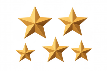 Golden stars in varying sizes representing excellence, achievement, and top rating. Transparent background