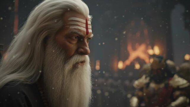 A Vedic sage walks through a sacred assembly with intensity, radiating wisdom, authority, and spiritual power.