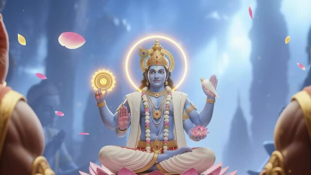 Vishnu avatar stands revered as disciples worship him in celestial blue light, radiating divine grace, protection, and spiritual majesty.