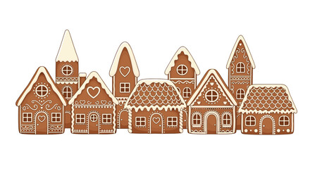 A charming village of gingerbread houses decorated with icing and candy.