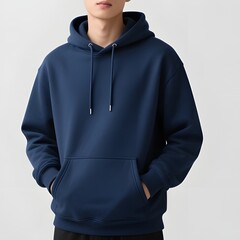Realistic studio photo of a person wearing a plain Navy (Dark Blue) hoodie with front pockets and hoodie drawstring, standing casually with hands in pockets, simple background, soft lighting, realisti